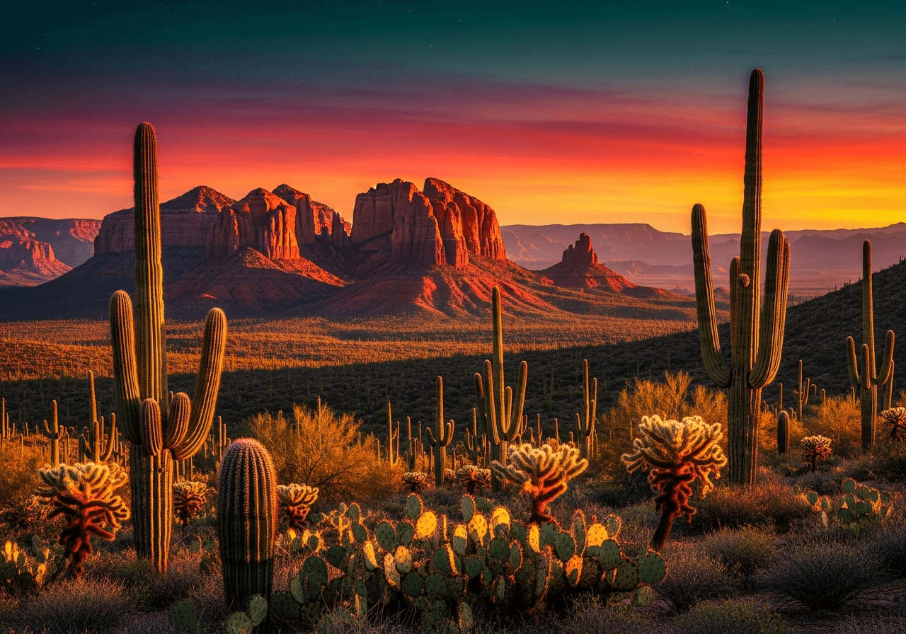 Southwest desert sunset landscape with saguaro cacti and red rock mesas